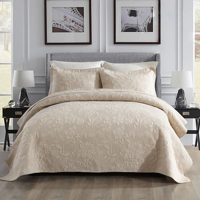 

Quality Cotton Bedspread Quilt Set 3pcs Coverlet Solid Quilted Embroidered Quilts Bed Cover Pillowcase King Size Bedding Blanket