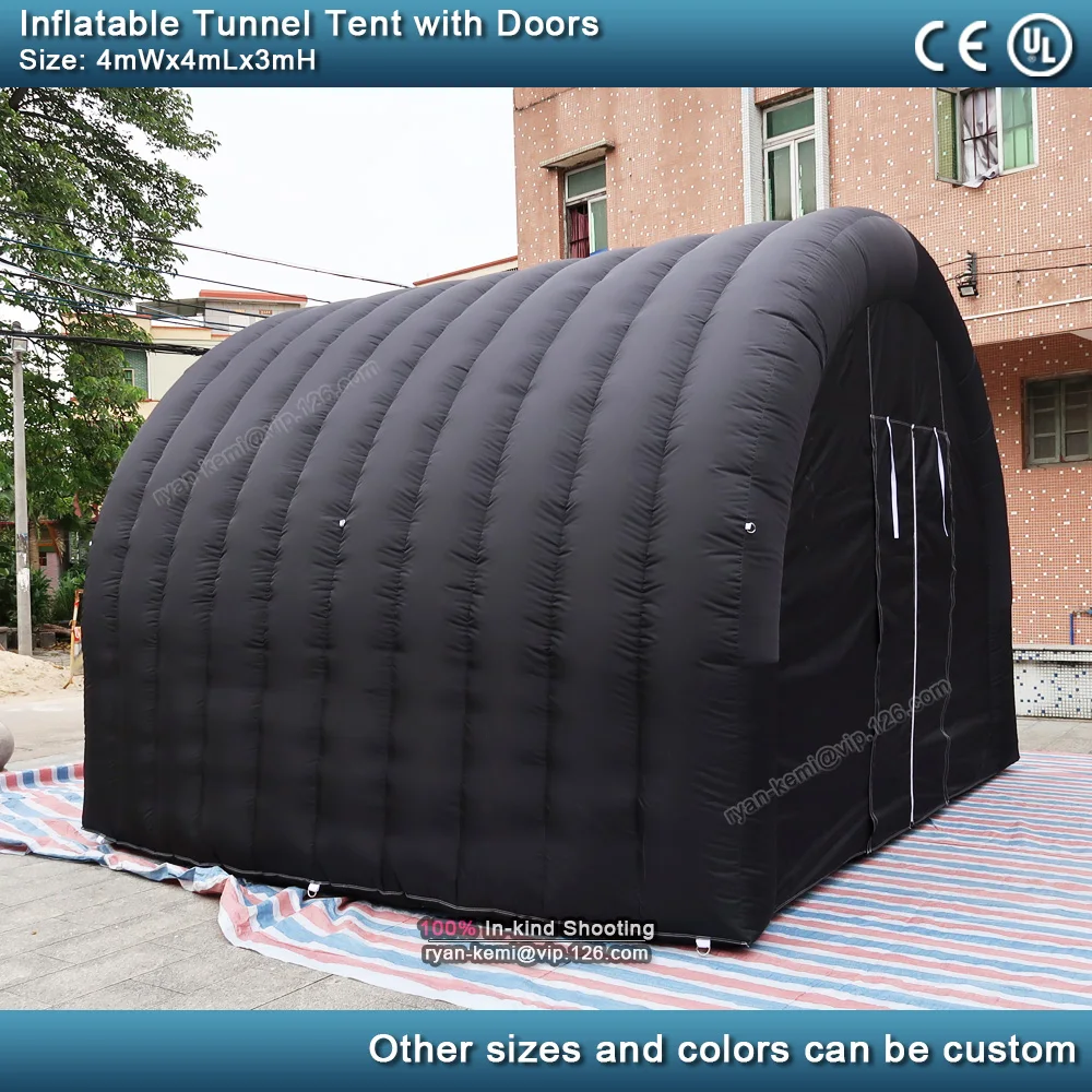 side view of 4mWx4mLx3mH black inflatable tunnel tent with doors for outdoor events inflatable party sports tent cover