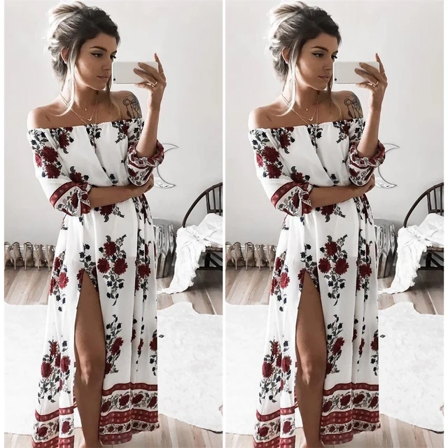 Casual Vintage 2017 Summer Boho Beach Dresses Sexy Off Shoulder Slash Neck Floral Printed Party Dress Long Split Robe Femme 1