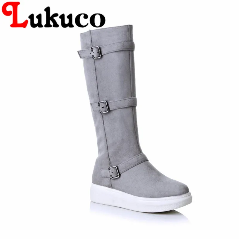 

Lukuco warm women wedges heel knee-high snow boots PU made buckle design shoes with short plush inside