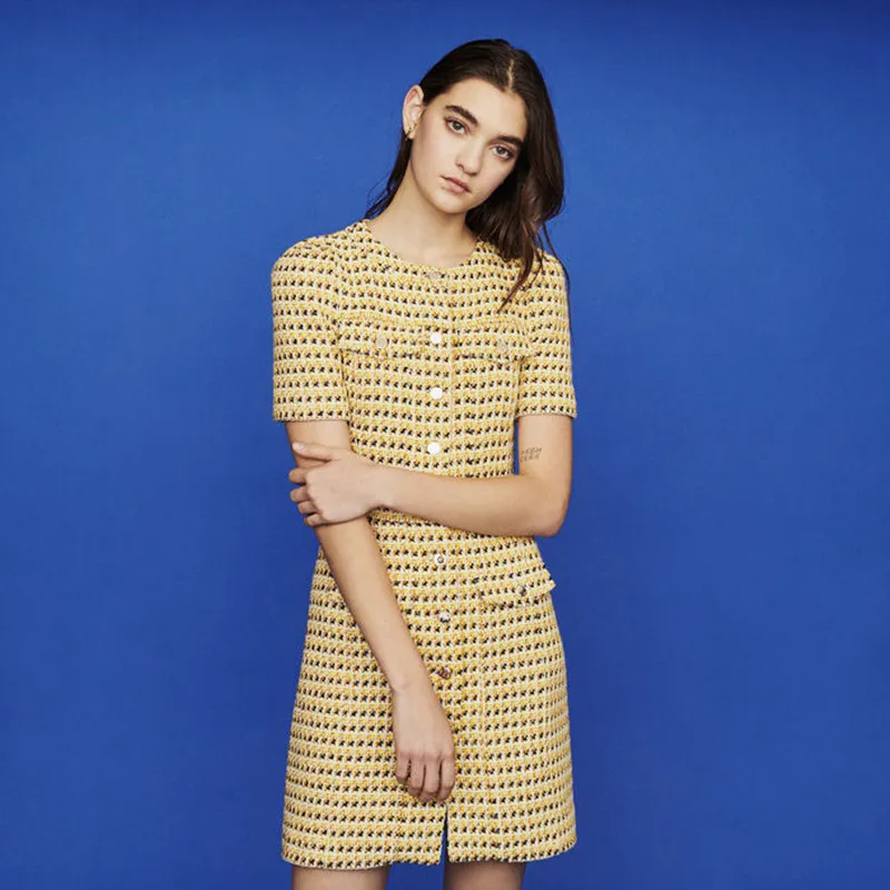 

2019 New Women Yellow Small Fragrance Dress Short Sleeve Tweed Slim Mini Dress