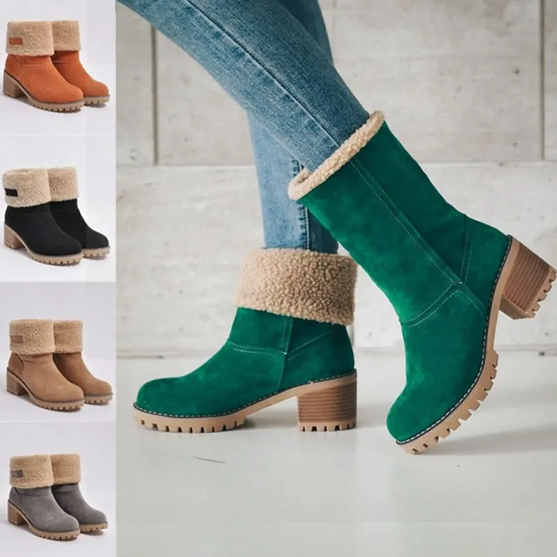 

BORRUICE Autumn and Winter Shoes Women Fur Square Thick Heel Mid-Calf Snow Boots Fashion Flat Heel Non-slip Boots Ladies Shoes