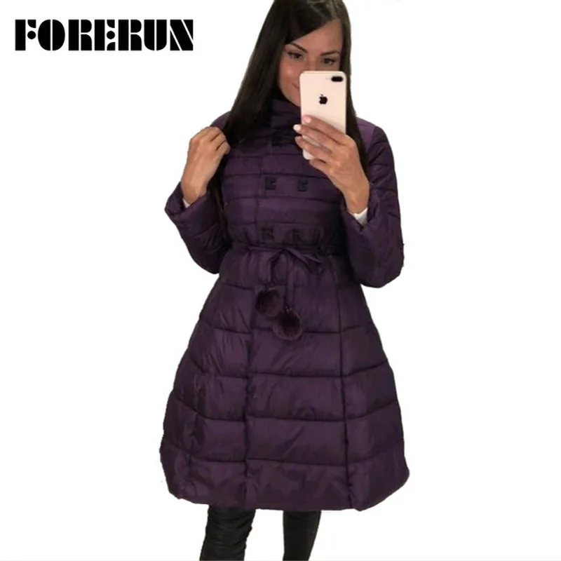 

FORERUN Long Jacket Women Parka 2018 Skirt Jacket Slim Waist Pompom Slashes Winter Cotton Padded Coat 3 Colors