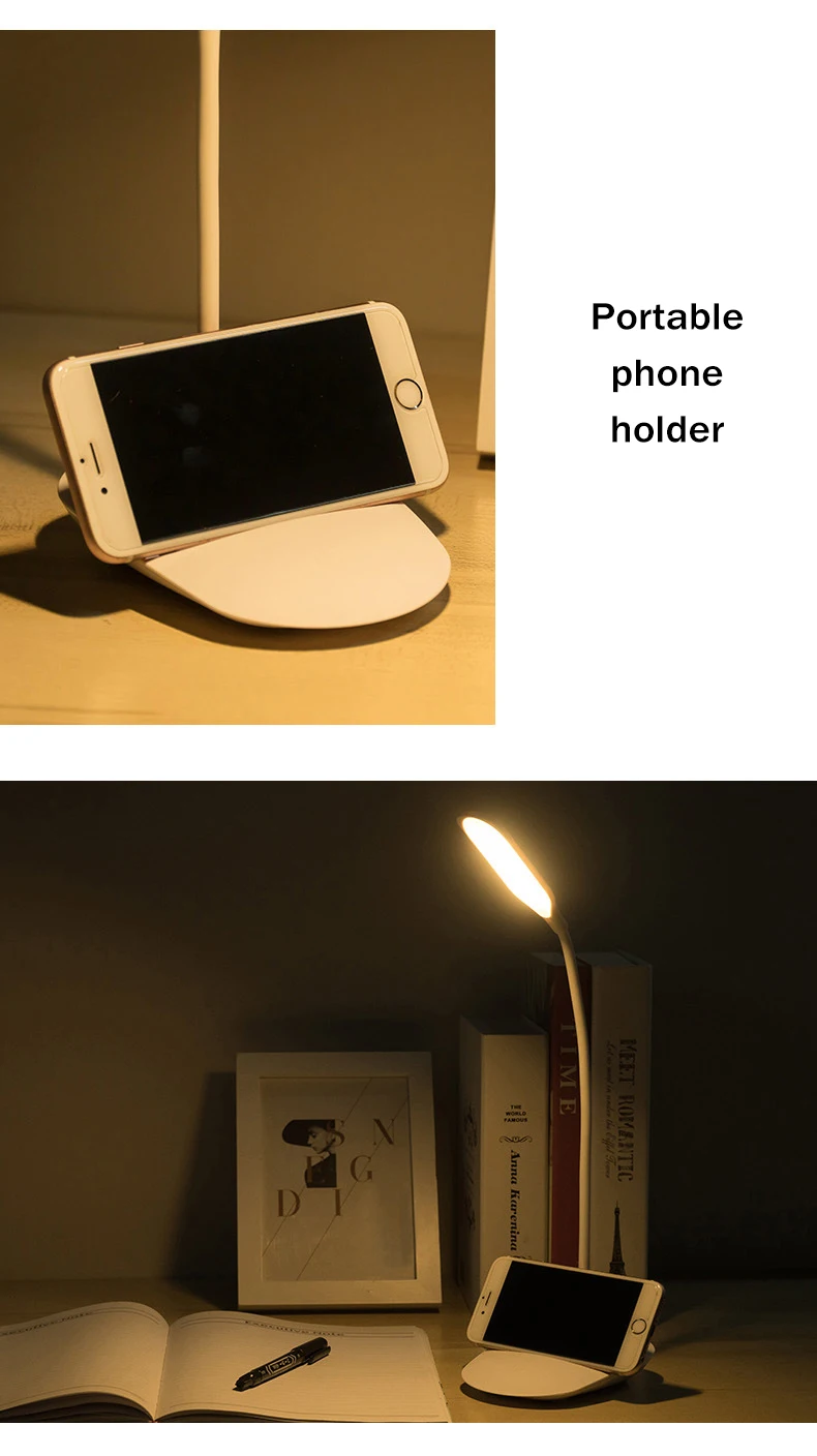 QD3 перезаряжаемый светодиодный настольный светильник 3 уровня гибкая USB защита глаз студенческого общежития для чтения 2000 мАч держатель для телефона