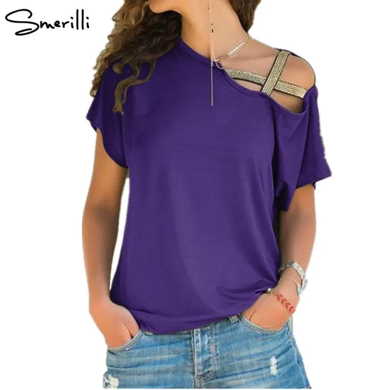 One Shoulder Sequin T-Shirt Women Skew Neck Tee Short Sleeve T Shirt 2018 Summer Casual Streetwear Ladies Tops Tshirts Plus Size Tops