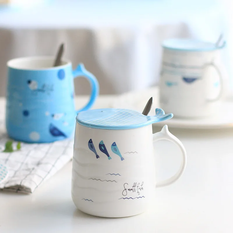 Literary fresh fish ceramic cup with lid spoon cute simple mug (9)