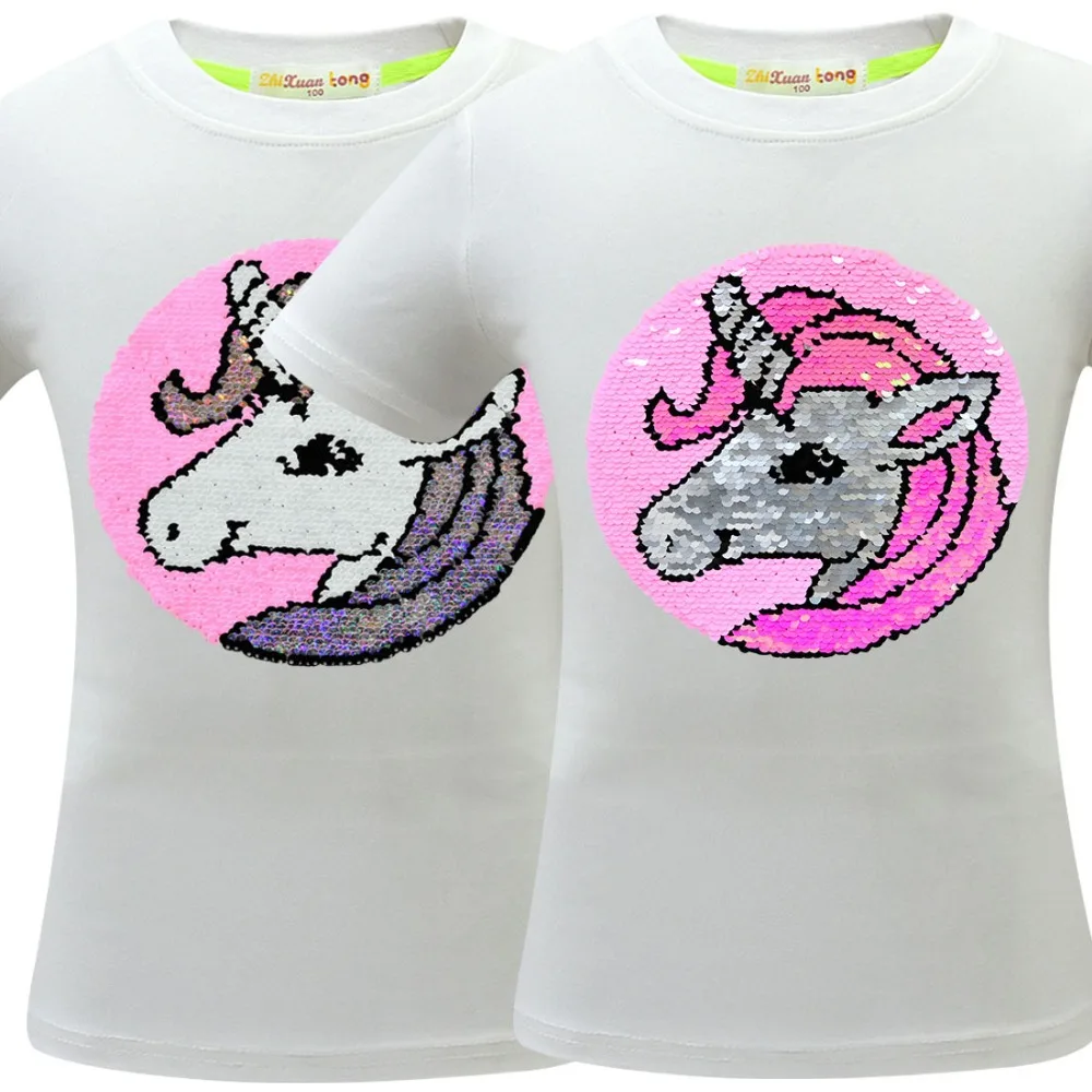 Футболка с единорогом летняя одежда для маленьких девочек Camiseta Unicornio, футболка топы для девочек, Femme, Детская футболка, Enfant, для дня рождения, цветная, с блестками