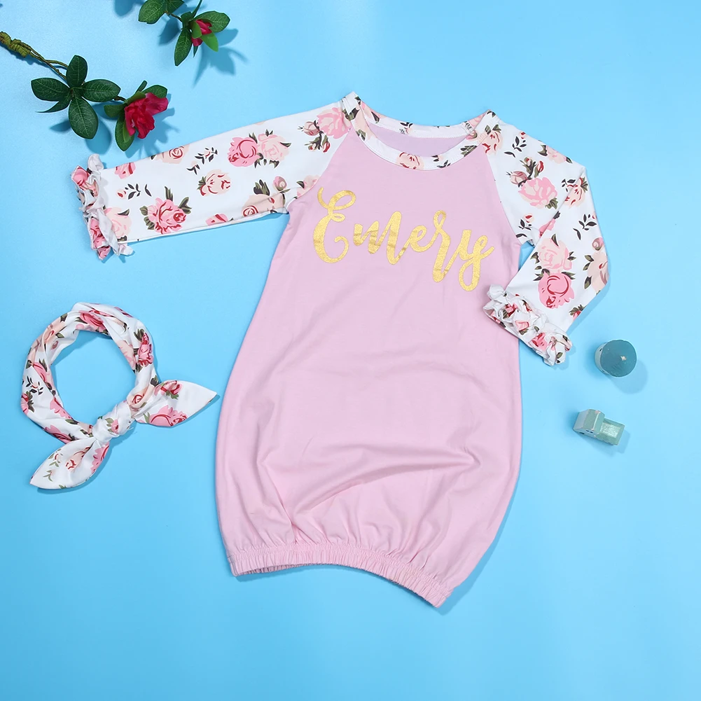 2 предмета, хлопковая ночная рубашка с длинными рукавами, детское платье для новорожденной+ повязка на голову, одежда для сна, мягкая детская одежда для сна для маленьких девочек 0-6 месяцев