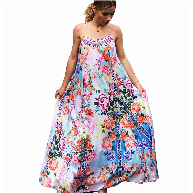 

2019 New Fashion Summer Casual Sexy Halter Dress Fashion Flower Print Sun Women's Beach Pleated Maxi Long Dresses S M L