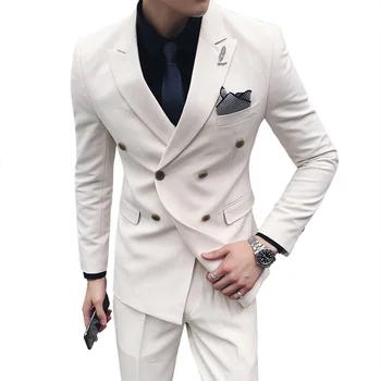 

Double-breasted Mens Suits Set Slim Fit Business Costumes Homme pure color Formal White Male Prom Suits Gentleman Black Tuxedo