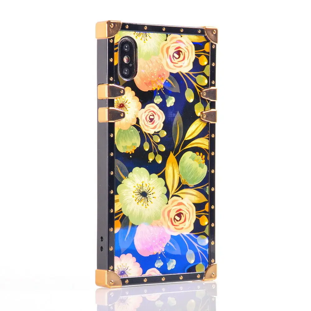 Luxury Rose Flower Blue Ray Square Eye Trunk TPU Case Cover For iPhone Samsung