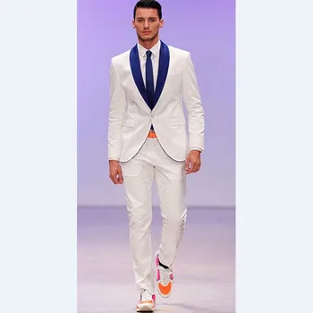 

Custom Made Groomsmen Shawl Royal Blue Lapel Groom Tuxedos Ivory Men Suits Wedding Best Man Suits (Jacket+Pants)