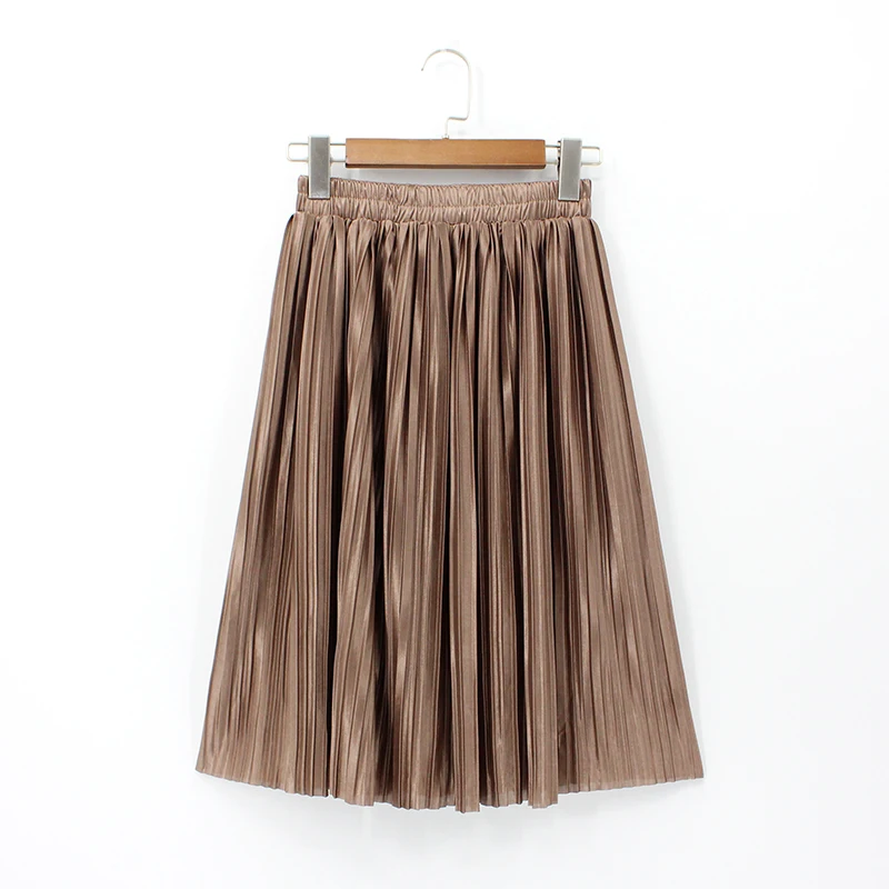 

2019 Women Length Metallic Pleated Skirts Sexy Vintage Saia Midi Korean Style High Waist Elastic Plus Size Solid Color Knee