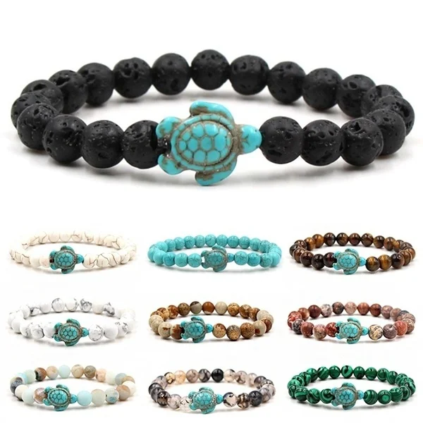 

Charm Black Lava Natural Stone 8MM Beaded Bracelets Blue Resin Turtle Animal Pendant for Women Handmade Men Jewelry for 2018