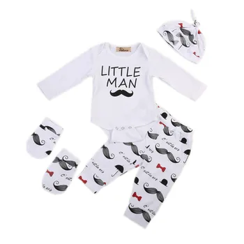 

Newborn Infant Baby Boy Autumn Spring Outfits Clothes Cotton Letter Long Sleeve Romper Pants Hats Warmer 4Pcs Kids Clothing Sets