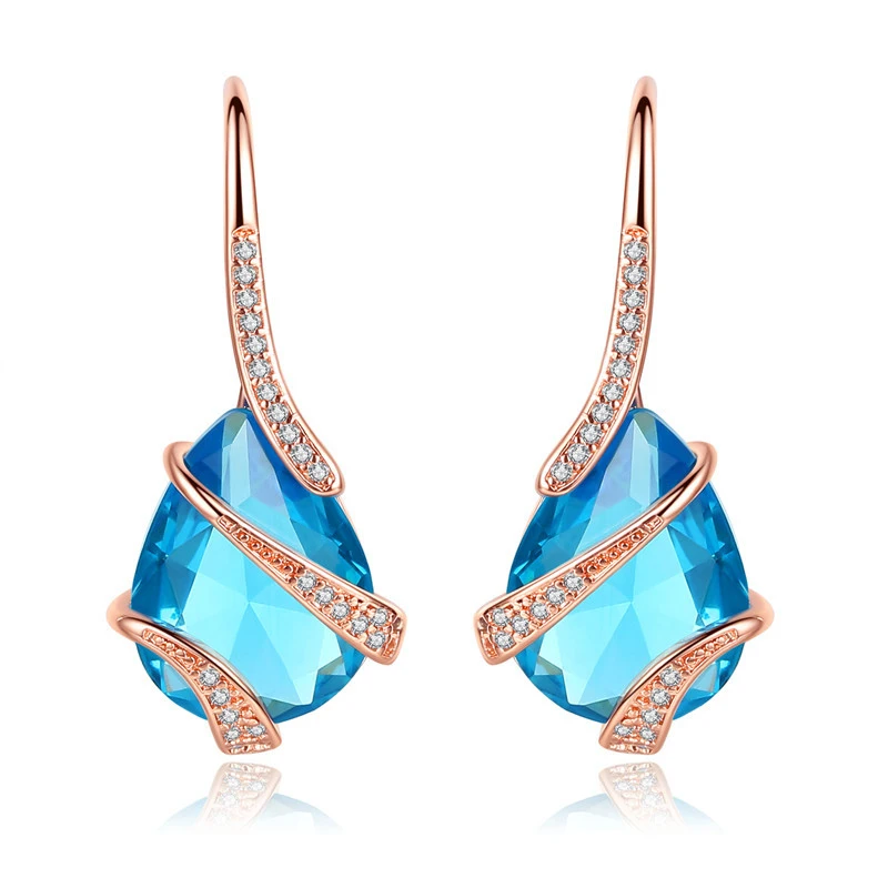 

1 pairs copper material water drop hook shape drop earrings setting cubic zirconia blue color dangle Earrings for women