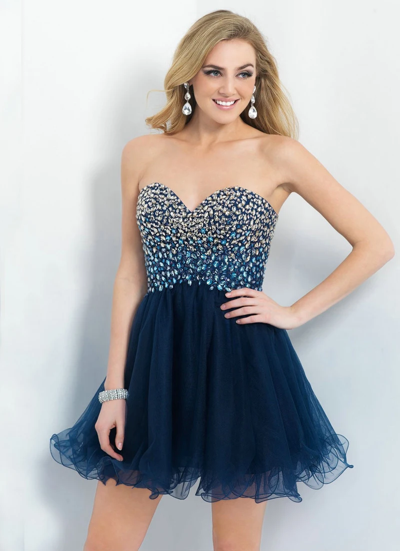 Navy Blue Cocktail Dress With Crystals 2015 vestidos formales cortos Corset Back Sweetheart 
