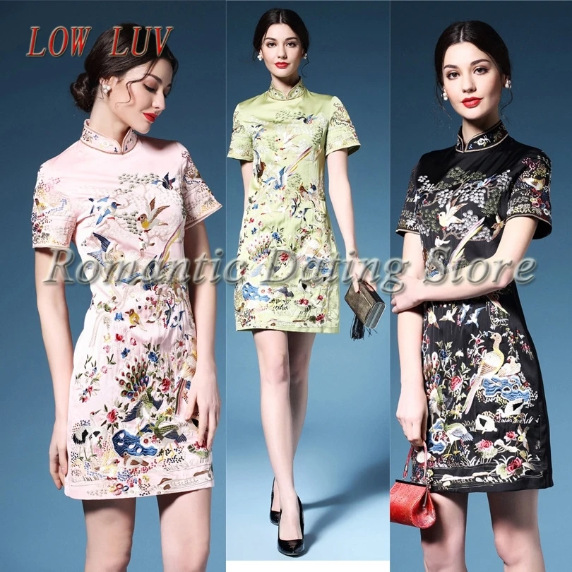 

LOW LUV summer new high quality Chinese traditional dress lady cheongsam Slim embroidery fashion qipao dress ladies clothing