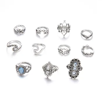 

132 pieces/lot Knuckle Rings Women Lotus Flower Crystal Ring Set Midi Finger Antique Silver Color Elephant Wave Crown Jewelry