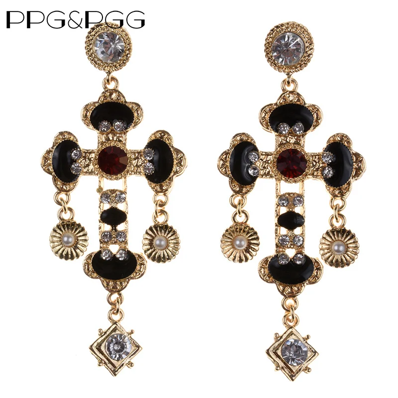 

PPG&PGG 2018 New Design Vintage Elegant Cross Earrings Boho Women Lady Rhinestone Dangle Drop Rhinestone Ear Earring
