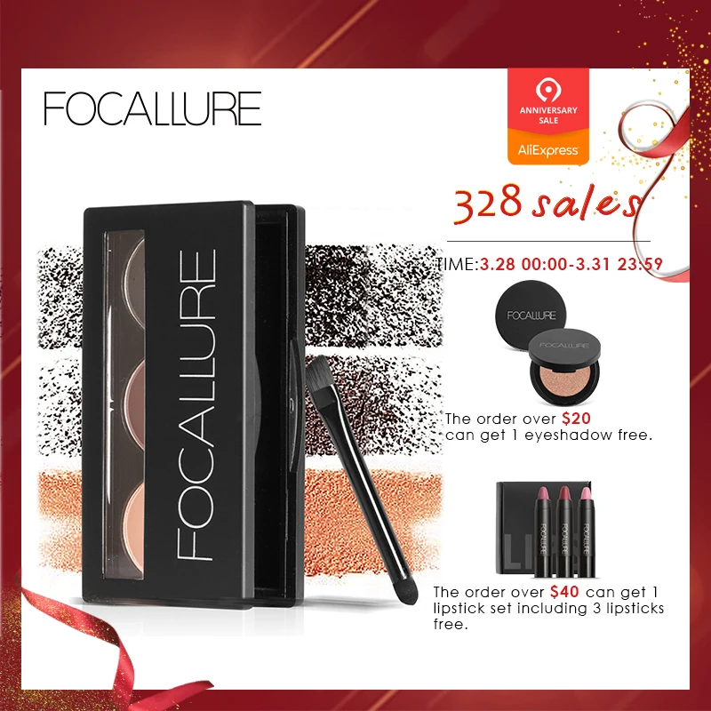 Тени для бровей «focallure» 3 цвета бровей Косметическая пудра палитра водостойкие и защита от размазывания с зеркалом и кисти для бровей внутри - изображение