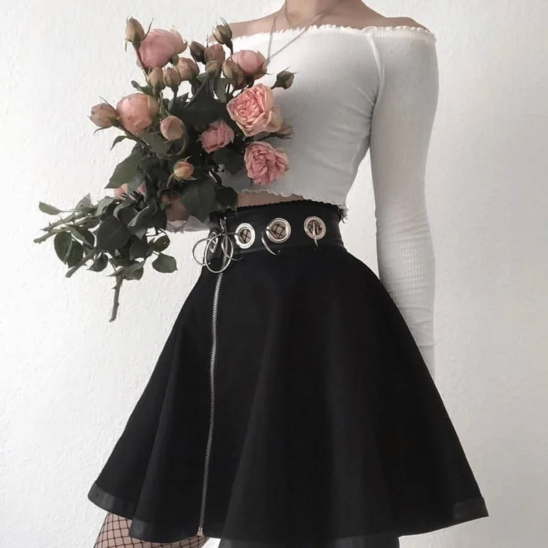 Женская юбка на молнии, трапециевидная мини-юбка с высокой талией, готическая юбка с вырезами и железными кольцами, стильная черная клубная юбка