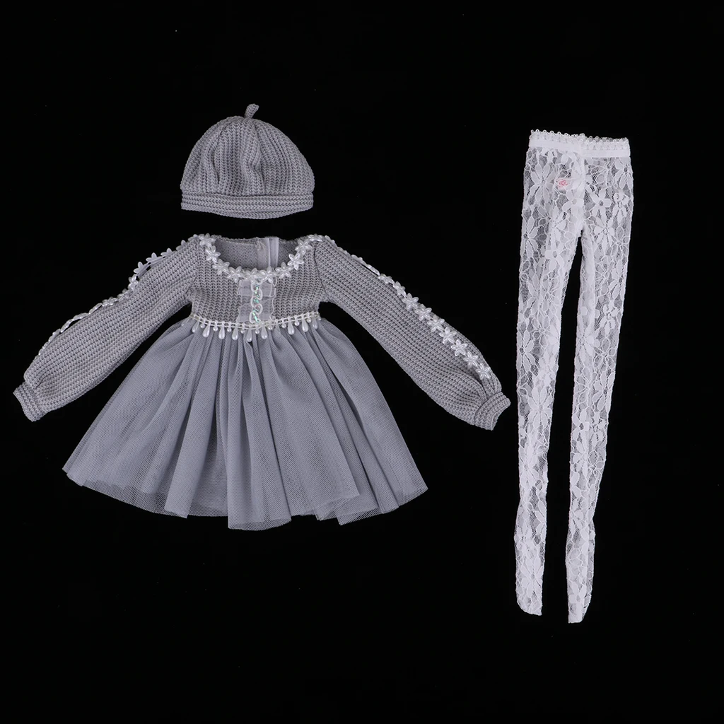 Fashion Sweater Gauzy Coat Dress with Beret Lace Stockings Hat Leggings Suits for 1/3 BJD 60cm Dolls Accs Gray