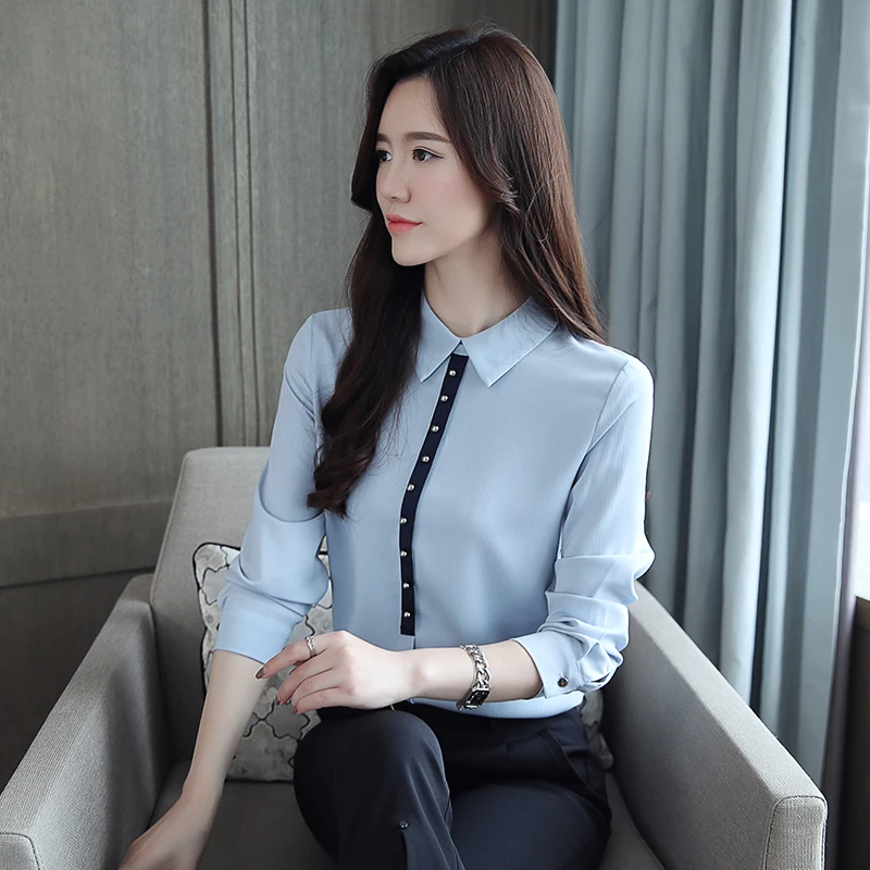  2019 fall chiffon women shirts beads women's long sleeve office lady womens tops and blouses OL blu