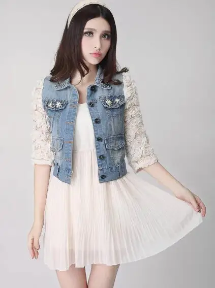 Spring Half Sleeve Denim Lace Patchwork 