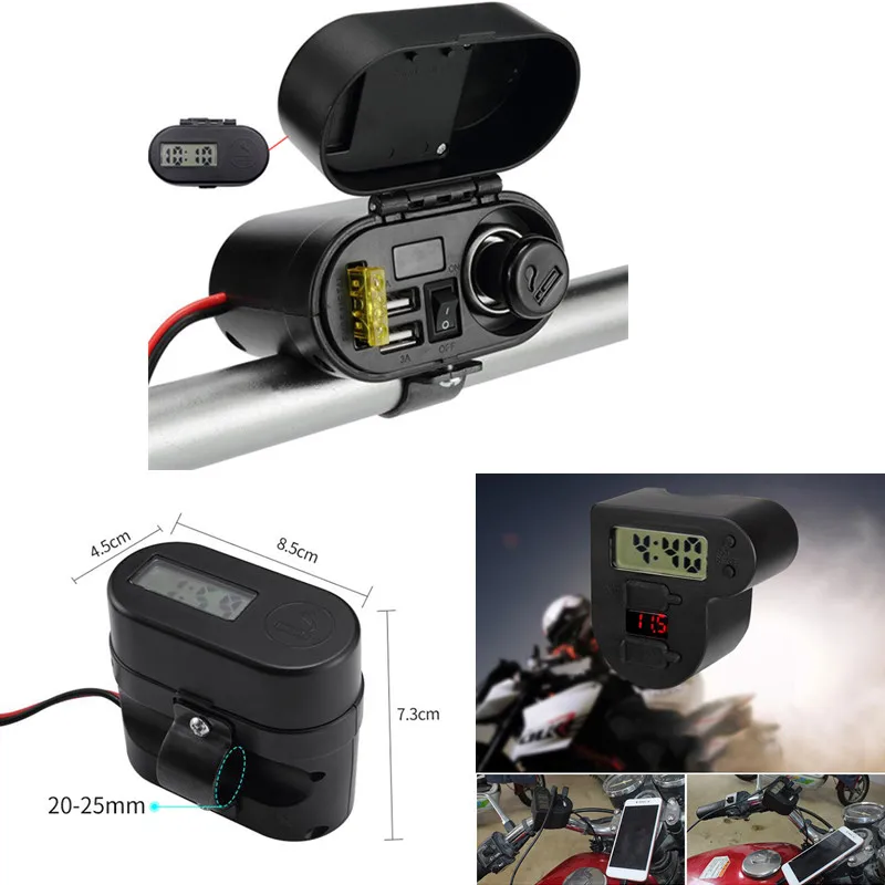 12/24V Motorcycle Cigarette Lighter Socket Dual USB Charger Power Port+Switch