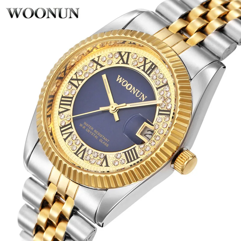 

WOONUN Top Brand Luxury Classic Men Business Watch Silver Gold Steel Band Rhinestone Diamond Quartz Watches relogio masculino