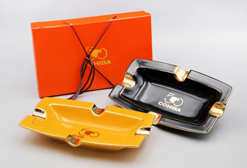 

50th anniversary COHIBA Cigarette Holder Rectangle Ceramic Cuban Pipe Cigar Ashtray 4 Rest Yellow Black Tray