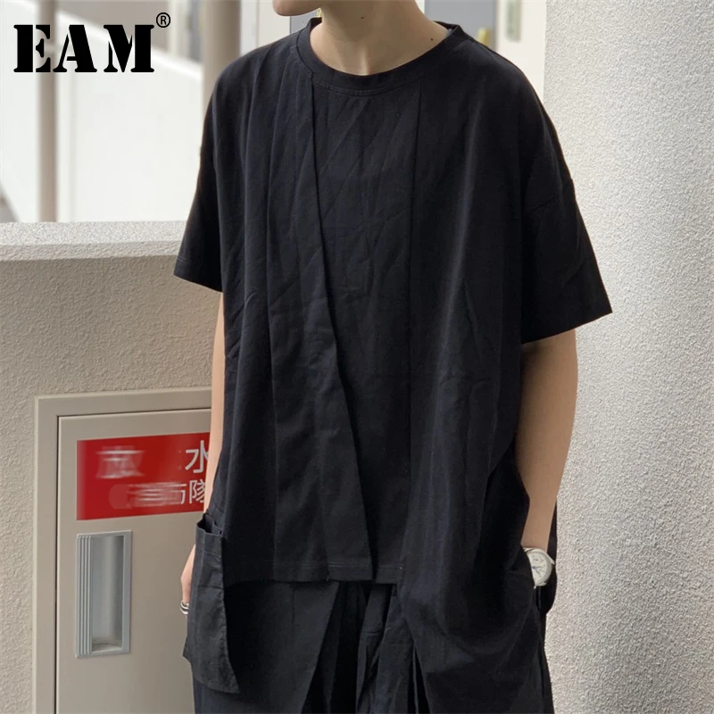 

[EAM] 2019 New Spring Summer Round Neck Short Sleeve Black Irregular Pslit Joint Loose T-shirt Women Fashion Tide JX087