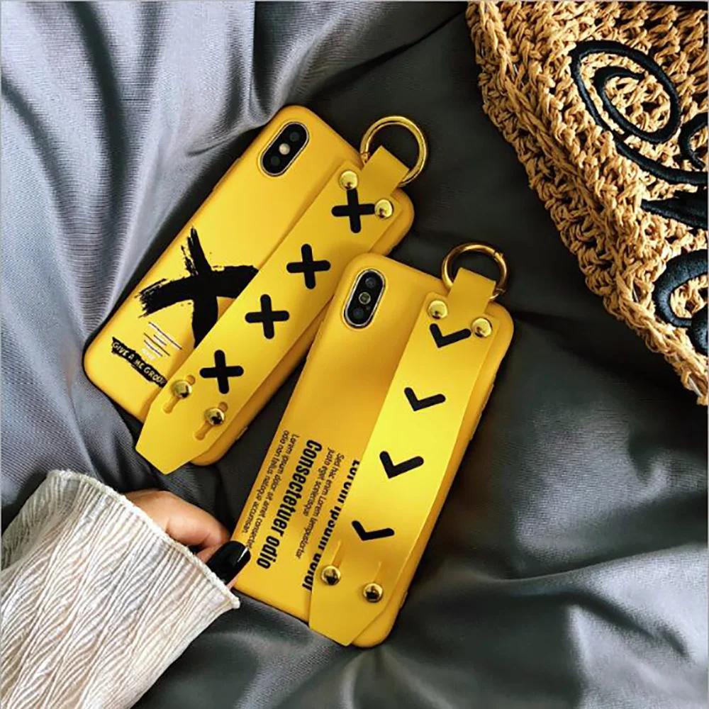 

Fashion Pattern Wrist Strap Case for Apple iPhone 8 7 6 6S Plus Soft Silicone Acrylic Yellow Letter Wrist Strap Cover for iPhone