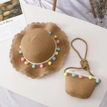 Милый комплект из шляпы и сумочки, соломенные шляпы с цветными шариками, сумка на одно плечо для детей 2-8 лет, весна-лето, пляжная