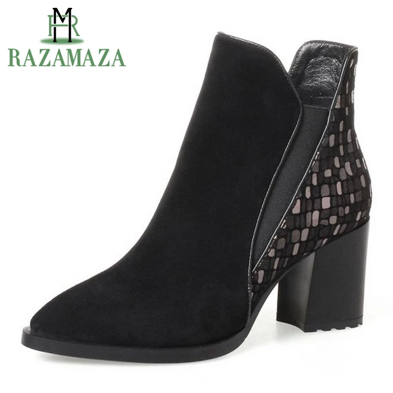 Goedkoop RAZAMAZA Size 34 42 Dames Echt Leer Dikke Hoge Hakken Enkellaars Vrouwen Sexy Puntschoen Side Zip Schoenen vrouwen Herfst Botas