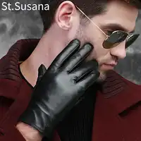 St.Susana 2018 men fashion simple brief England Russian gift show Male sheepskin genuine leather thin short gloves winter