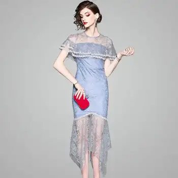 

2019 Dress Sexy Celebrity Lace Patchwork Short Ruffles Women See-Through O Neck Night Club Body con Party Dresses Wholesale