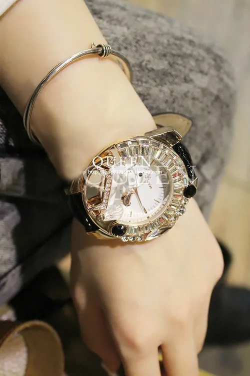 Модные роскошные женские часы Кристалл Стразы дамские часы с бриллиантами большой циферблат натуральная кожа ремешок часы браслет Наручные часы