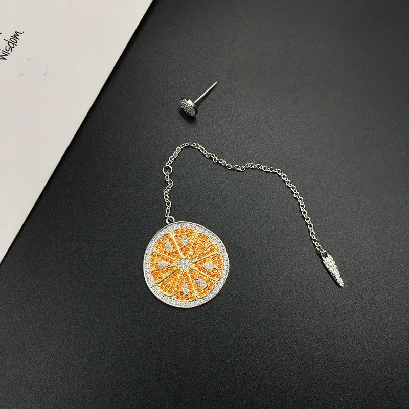 S925 иглы оранжевый лимон кристалл серьги один бахромой длинный темперамент Фея фрукты форма серьги для праздника музыки фестиваль
