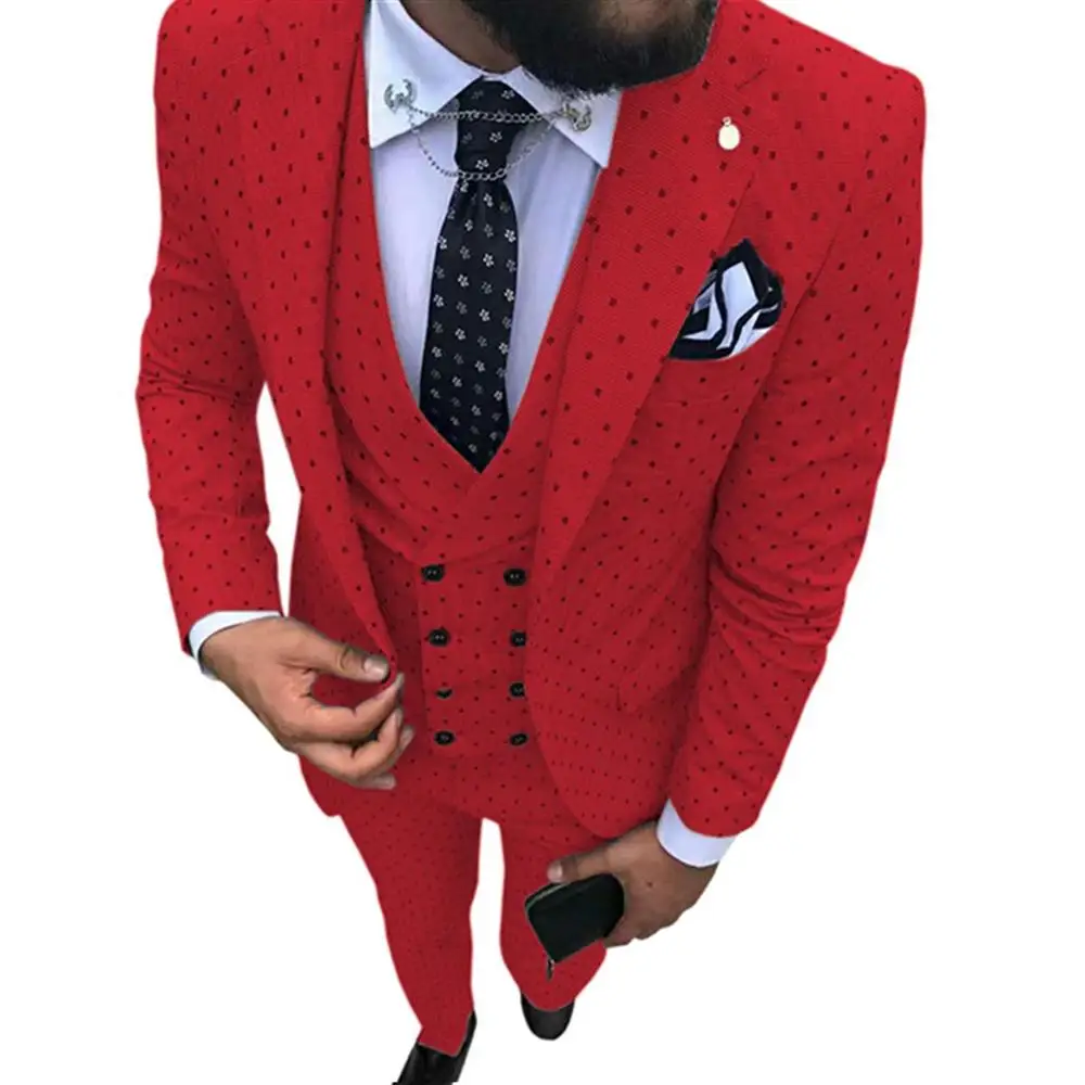 Мужской костюм с пятнистыми пятнами, 3 предмета, повседневный приталенный двубортный жилет с отворотом, смокинги для женихов, мужские вечерние(Блейзер+ жилет+ брюки - Цвет: red