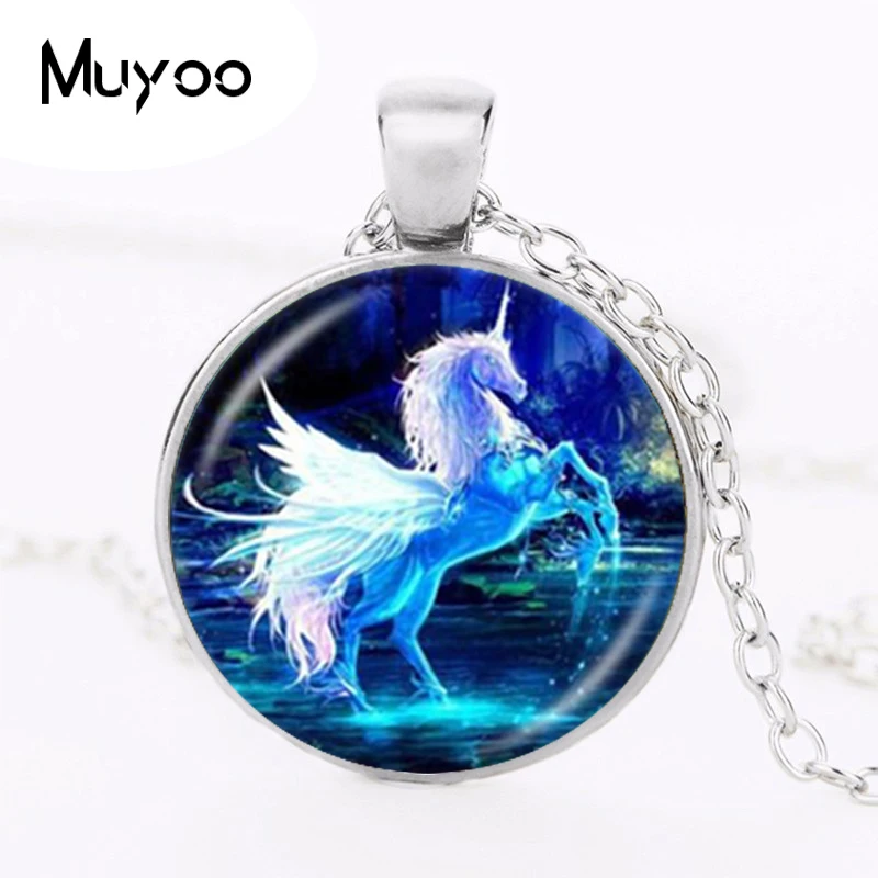 Moonlight Unicorn Photo Necklace Horse with Wings Jewelry Glass Cabochon Pendant Chain Neckless Women Fashion Jewelry HZ1