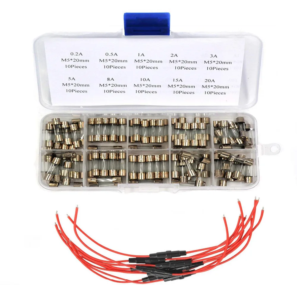 100pcs 5x20mm Fast blow Glass Fuses Assorted Kits 250V 0.2 20A with