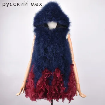 

Women Winter 100% natural ostrich feathers turkey feather fur 70cm Hooded vest fur coat Fur Coat fashion waistcoat gilet