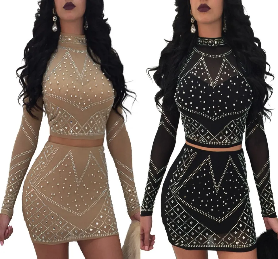2018 Crystal Pearl Beaded Embellished Skirt Set Women Long Sleeve Party ...