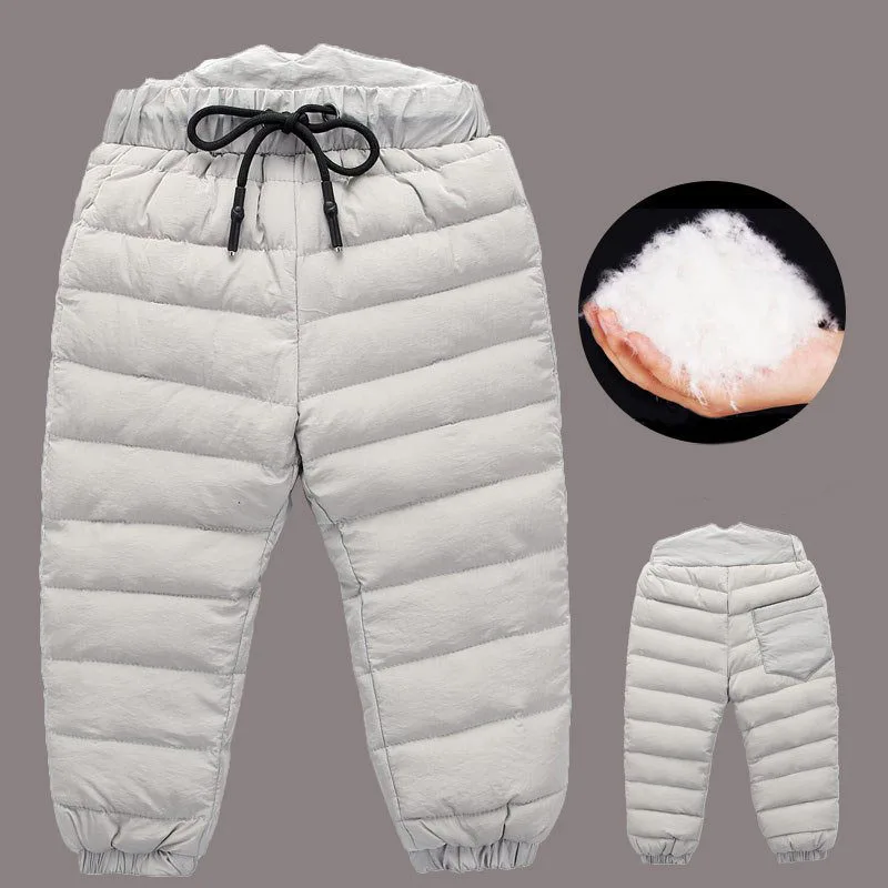 Модные Детские Пуховые штаны верхняя одежда для маленьких мальчиков и девочек осенне-зимние водонепроницаемые штаны с высокой талией, теплые штаны длинные, 80 до 130 см
