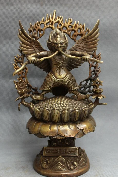 

wholesale factory 10" Chinese Bronze Buddhism Lotus Snake Winged Fly Garuda Redpoll Buddha Statue