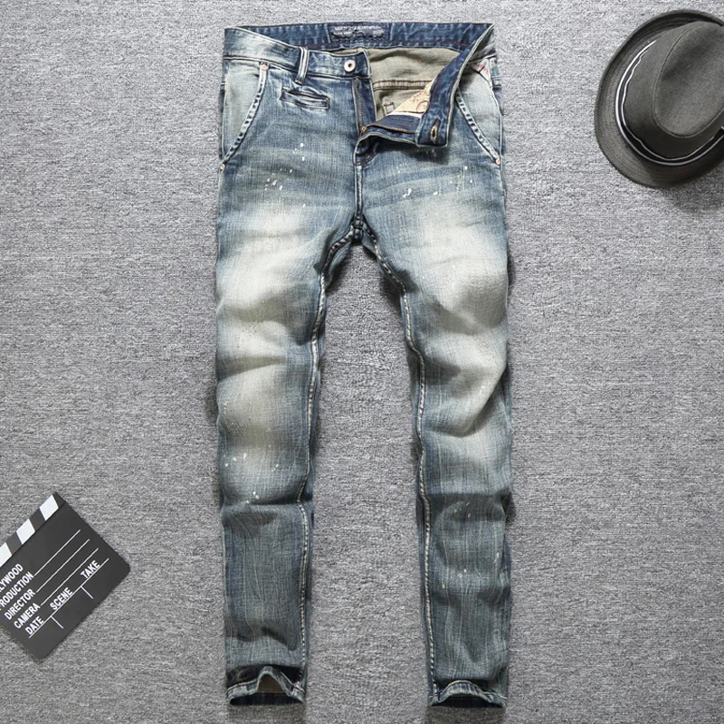 

Italian Vintage Designer Men Jeans Top Quality Light Color Printed Jeans Slim Fit Cotton Stretch Pants Brand Classical Jeans Men