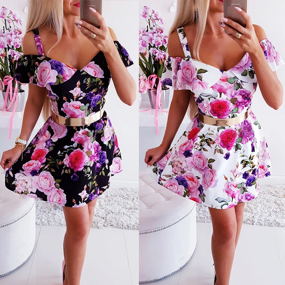 

2019 Hot Sale Sexy Women Dress Off Shoulder Vintage Floral Printed Short Sleeve Ruffled Women Dress Party Dress