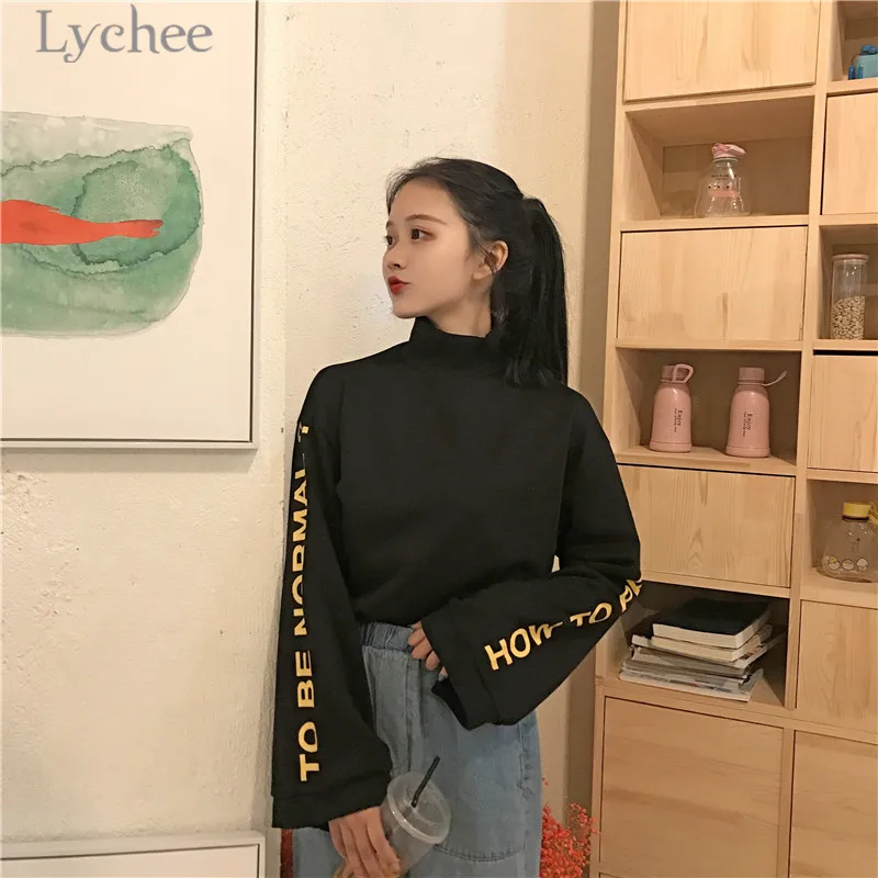 Lychee Harajuku с буквенным принтом, водолазка, Женская толстовка, с разрезом, с длинным рукавом, одноцветная толстовка, повседневная, свободная, женские пуловеры